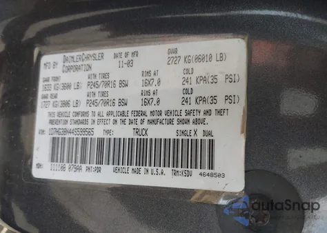 2004 Dodge Dakota Sport/Sxt z USA, uszkodzony, nr VIN 1D7HG38N44S599565